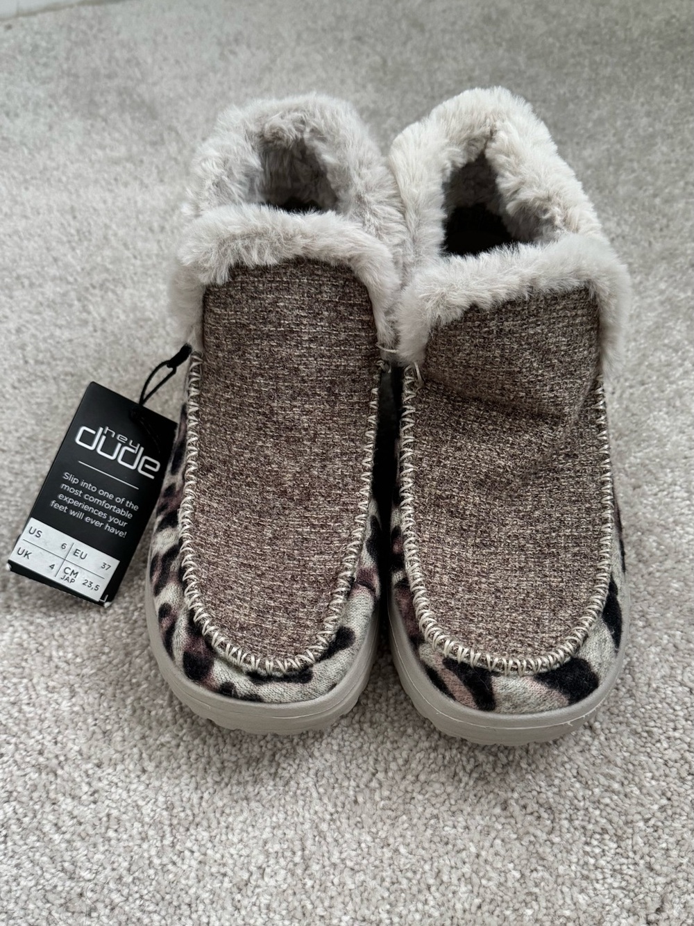 Hey Dude Women's Taupe Knit Ankle Booties with Leopard Trim